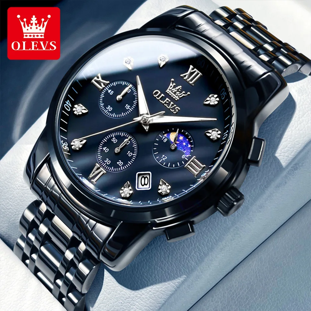 OLEVS 2858 Herenhorloge Luxe merk quartz horloge Multifunctionele chronograaf Waterdicht lichtgevend maanfasehorloge Trend herenhorloge