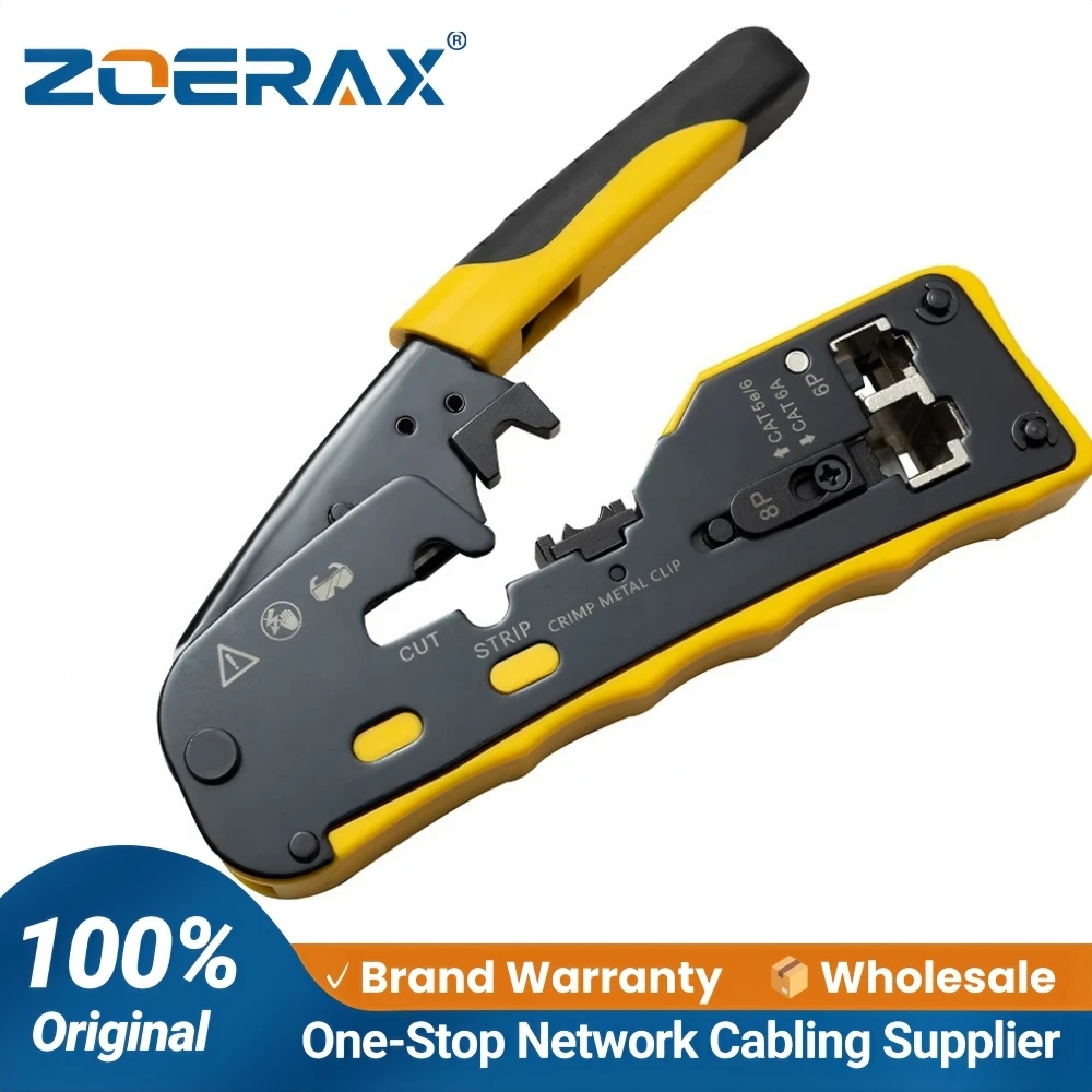 Zoerax Tools Ratcheting Modular Data Cable Crimper /Wire Stripper /Wire Cutter for CAT5e CAT6 CAT6A/7/8,RJ45 Pass-Thru Connector