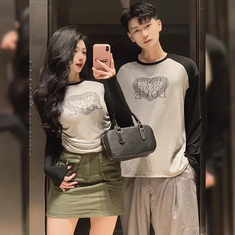 Couple's Spring 2024 New Tee Korean Edition Instagram American Drawstring Long Sleeved T-shirt Top Trendy Female Clothing