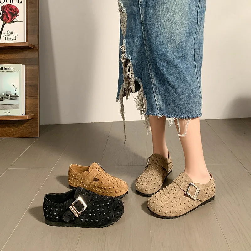 

Women Suede Clogs Leather Mules Cork Footbed Sandals Shoes with Arch Support Slippers Rhinestone Bohemian Beach Footwear
