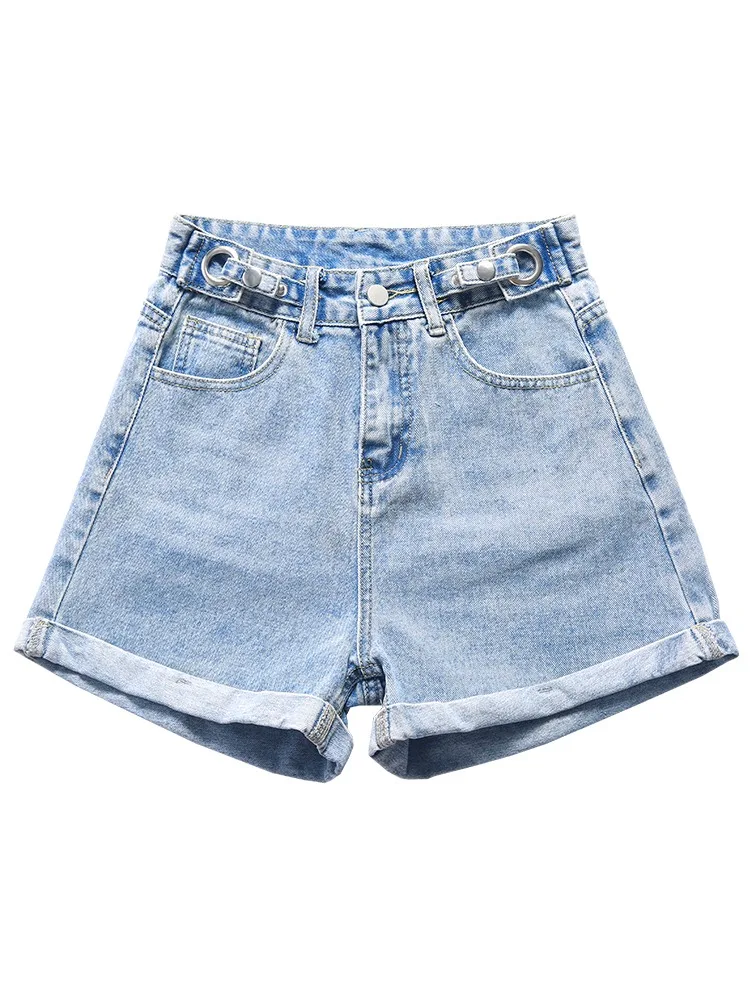 

High Waist Loose Fit ort Jeans Women's Summer Thin New Large Size A-Line Wide Leg Hot Pants Cotton Polyester Blend