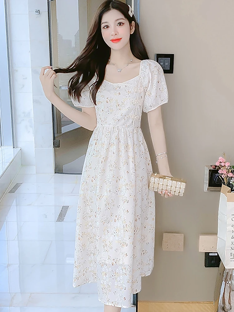 

White Chiffon Jacquard Floral Square Collar Dress for Women 2025 Korean Fashion Bodycon Dress Summer Elegant Luxury Party Dress