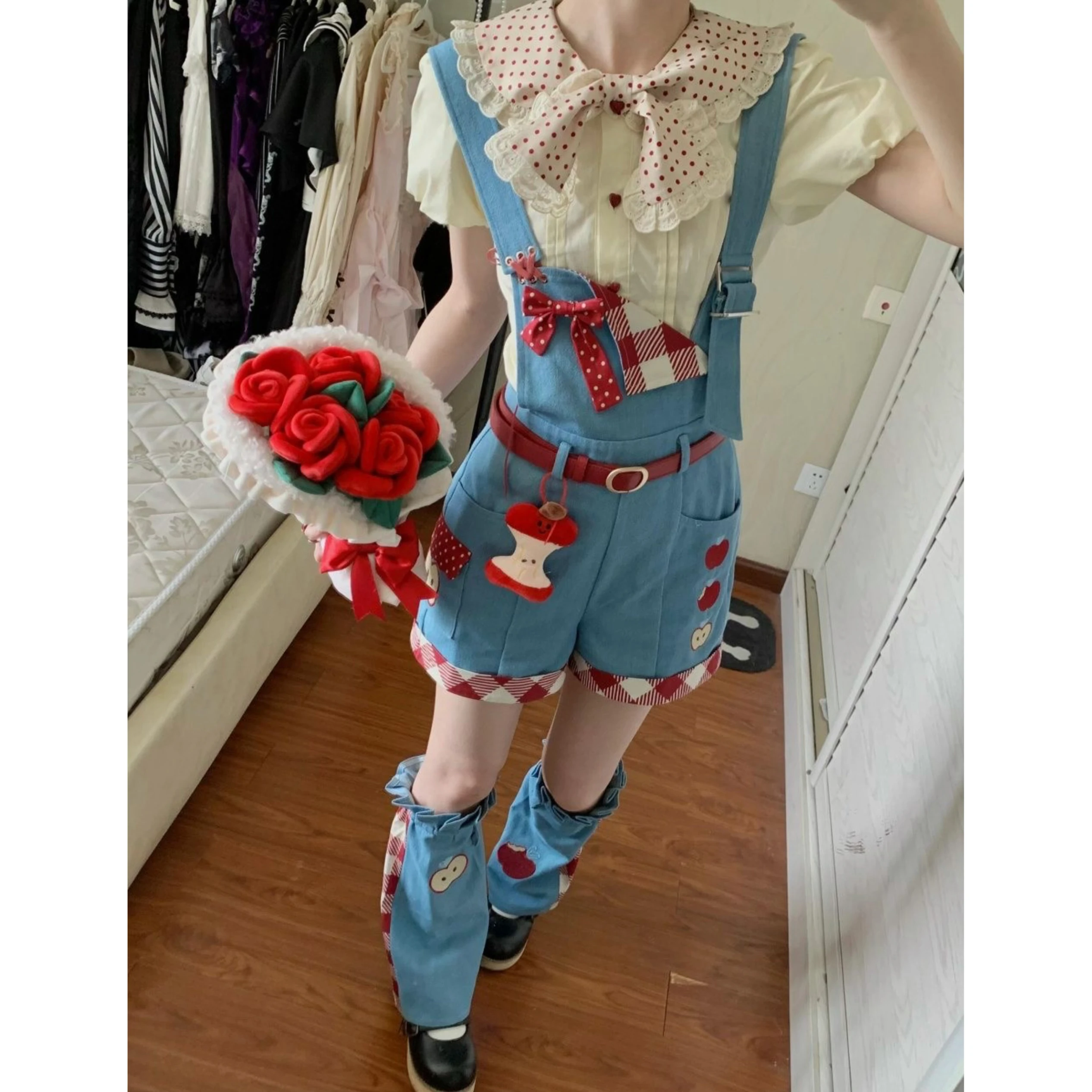 Women's Yellow Bow Short Sleeve Top Blue Cute Denim Loose Suspender Shorts 2025 Summer New Girl Style Casual Shorts Set