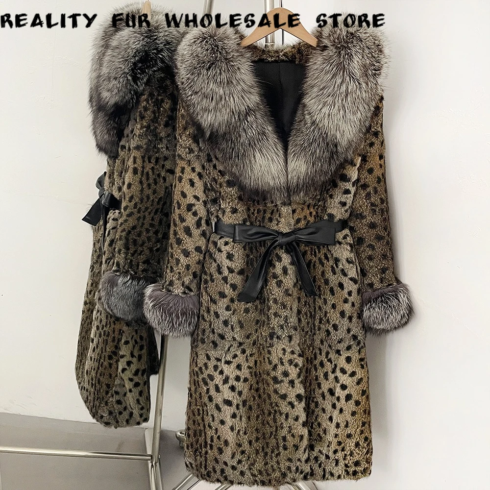Leopard Print Real Rabbit Fur Coat for Women Old Money Style Thickened Warm One-Piece Autumn Winter Fashion with Fox Fur Collar