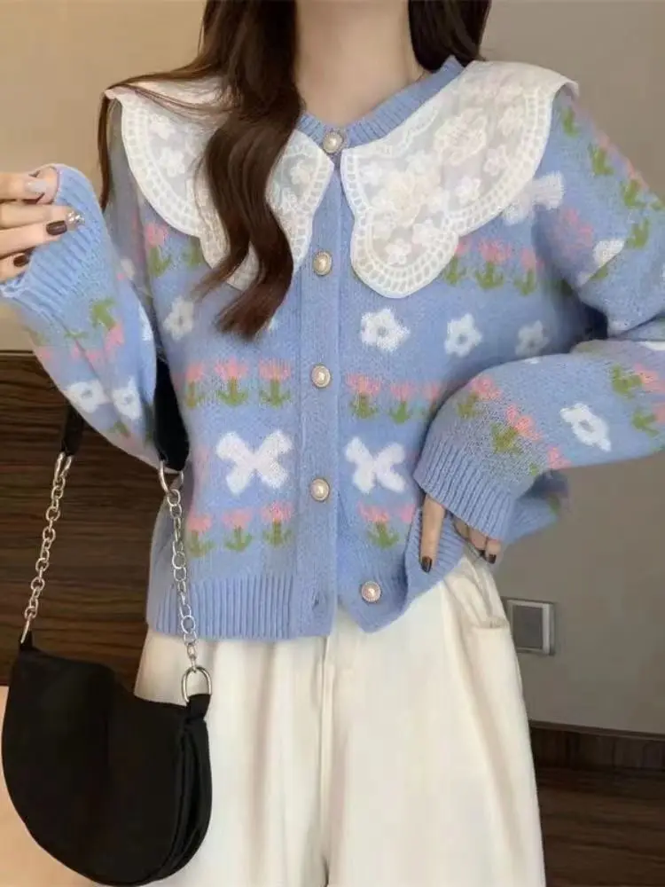 Doll Collar Spliced Knitted Cardigan Women's Sweater Korean Version Design Warm New Soft Lace Western-style Long Sleeved Shirt