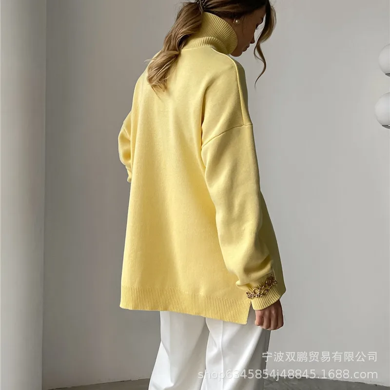 FANAN 2024 Autumn/Winter New Solid Color High Collar Sweater Women's Simple and Versatile Split Knitted Sweater Quality Soft Top