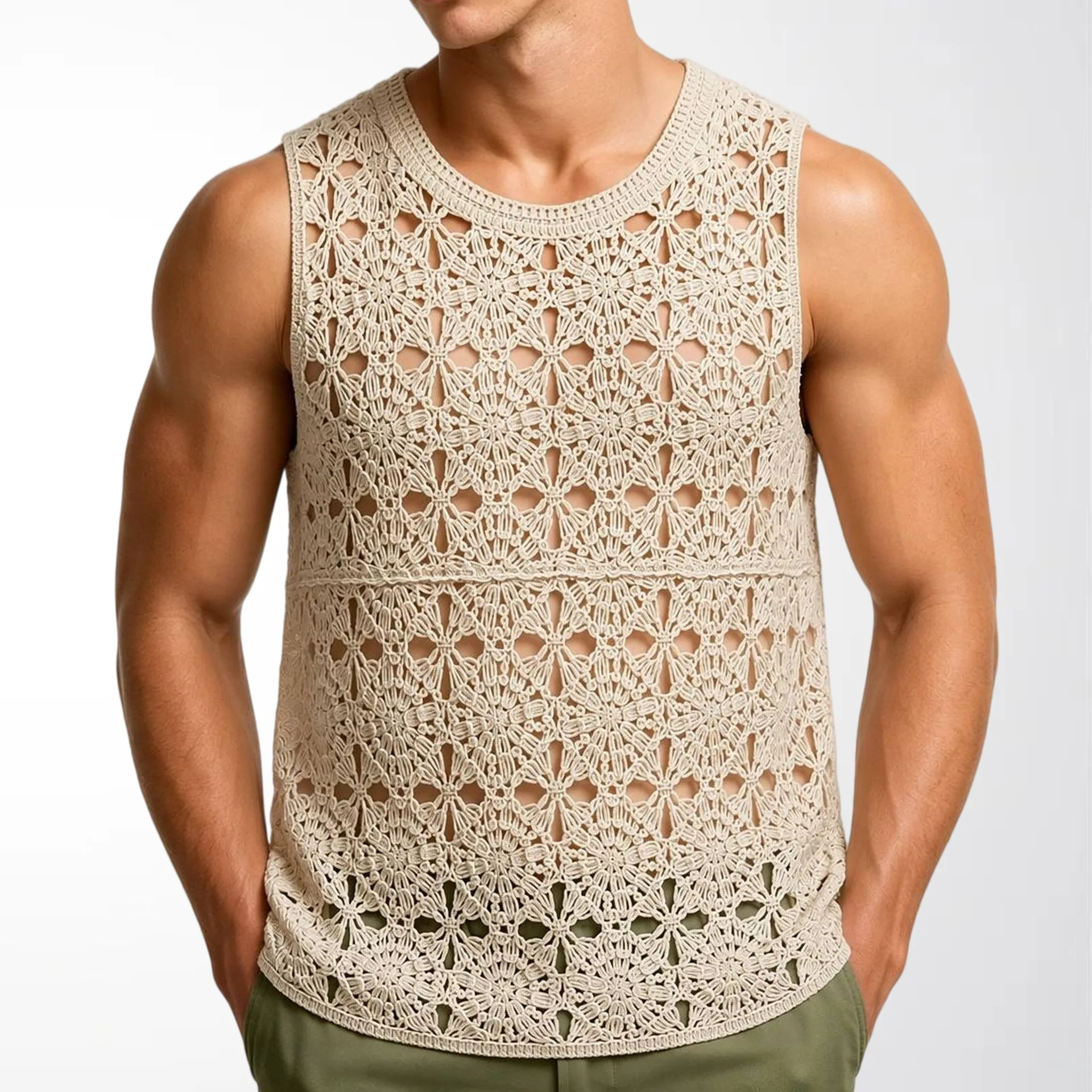 Men's European and American luxury fashion men's crochet hollow vest spring and summer round neck sleeveless casual knitted top