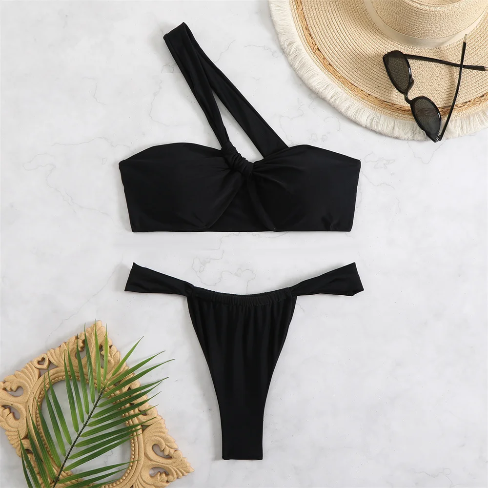 Sexy One Shoulder Bandage Bandeau Swimsuit Knotted Bikini Vacation Swimwear Women Beach Outfit Bathing Suit Trajes De Bano Mujer