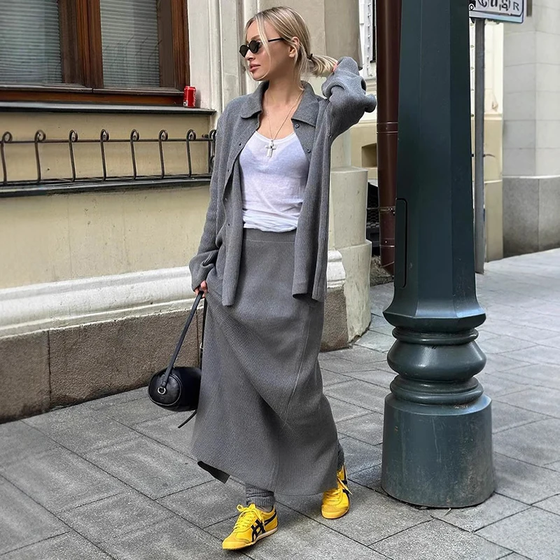 

Tornova Knitted Cardigan Skirt Suit Women's Lapel Long Sleeve Casual Sweater Outwear High Waist Long Skirt 2 Piece Sweater Sets