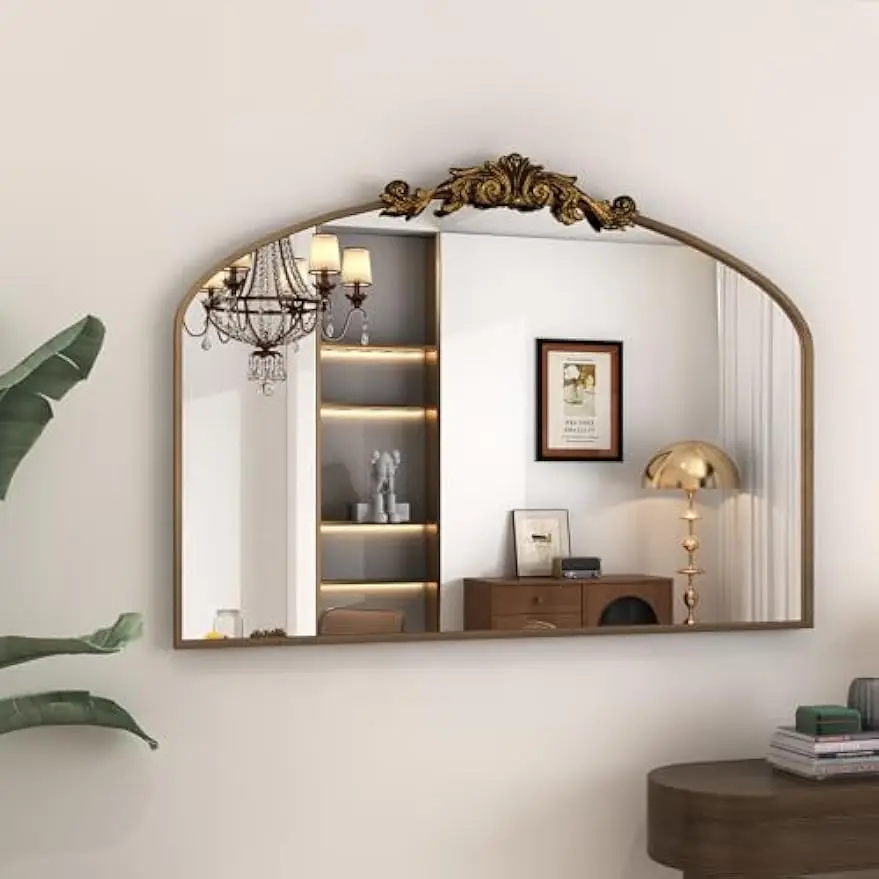 Arched Gold Antique Mirror 48Wx 32L, Arch Vintage Mirror Over Fireplace, Metal Framed Baroque Mirror for Bathroom Vanity