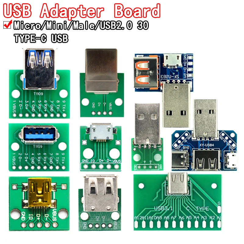 5PCS USB Male Connector / MINI MICRO USB to DIP Adapter female connector 2.54 Connector B Type-C USB2.0 3.0 Female PCB Converter