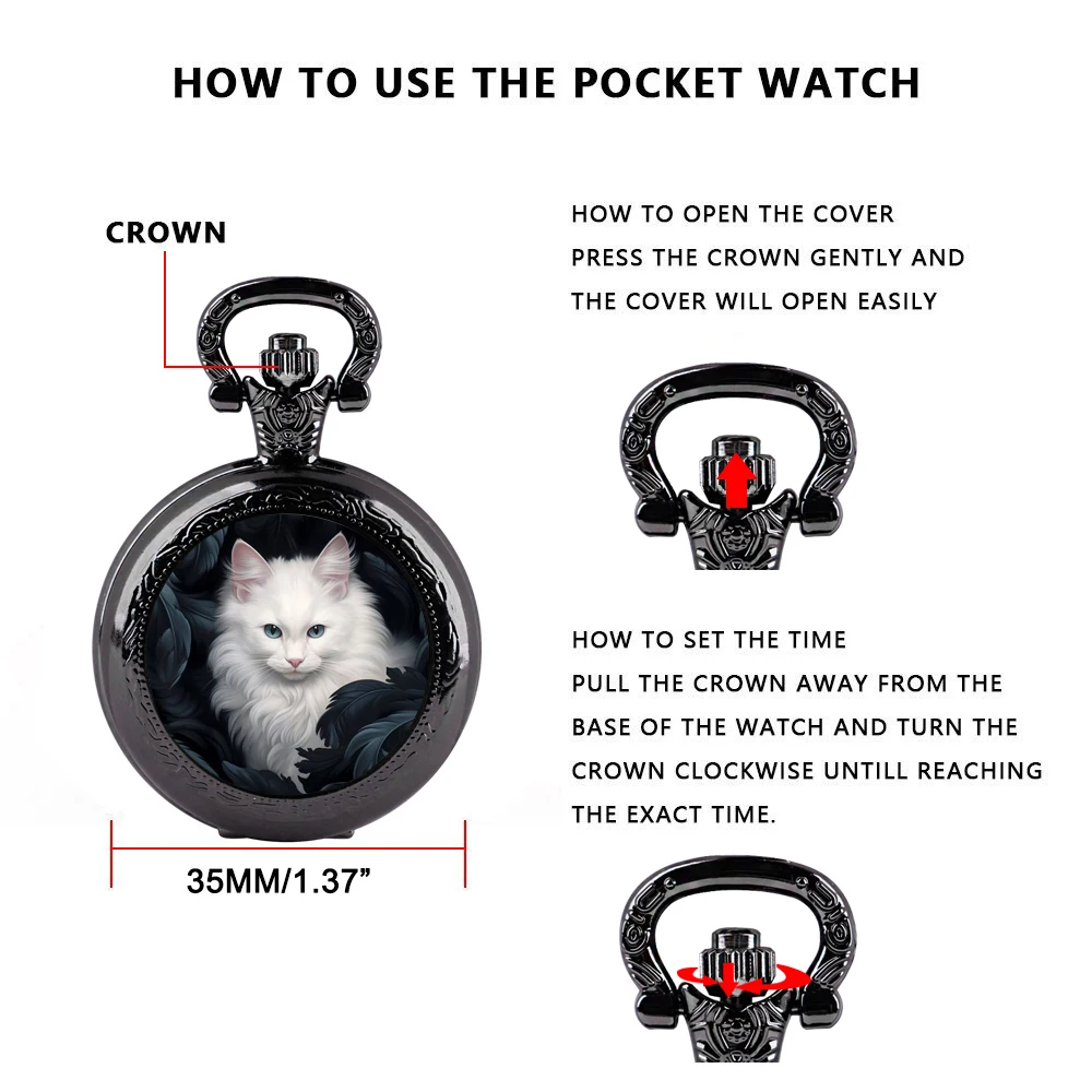 A must-have for cat lovers! Glass patch quartz pocket watch, both stylish and practical