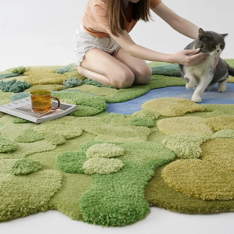 Plush Forest Moss Landscape Hand-made Wool Fluffy Carpets and Rugs Living Room