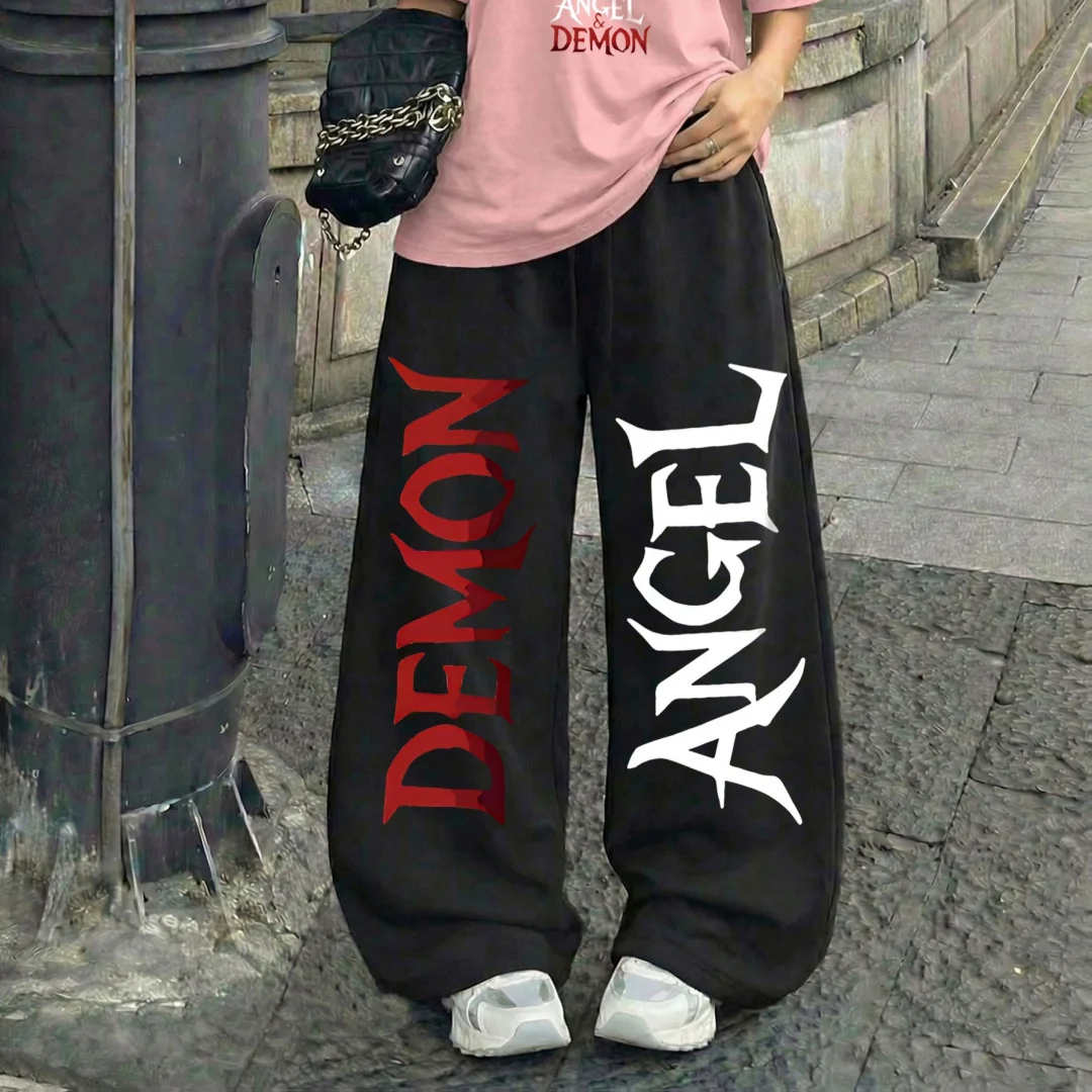 Summer Hot Selling Gothic Letter Print Wide Straight Leg Pants Unisex Elastic Drawstring Hip Hop Oversized Long Sweat Trousers