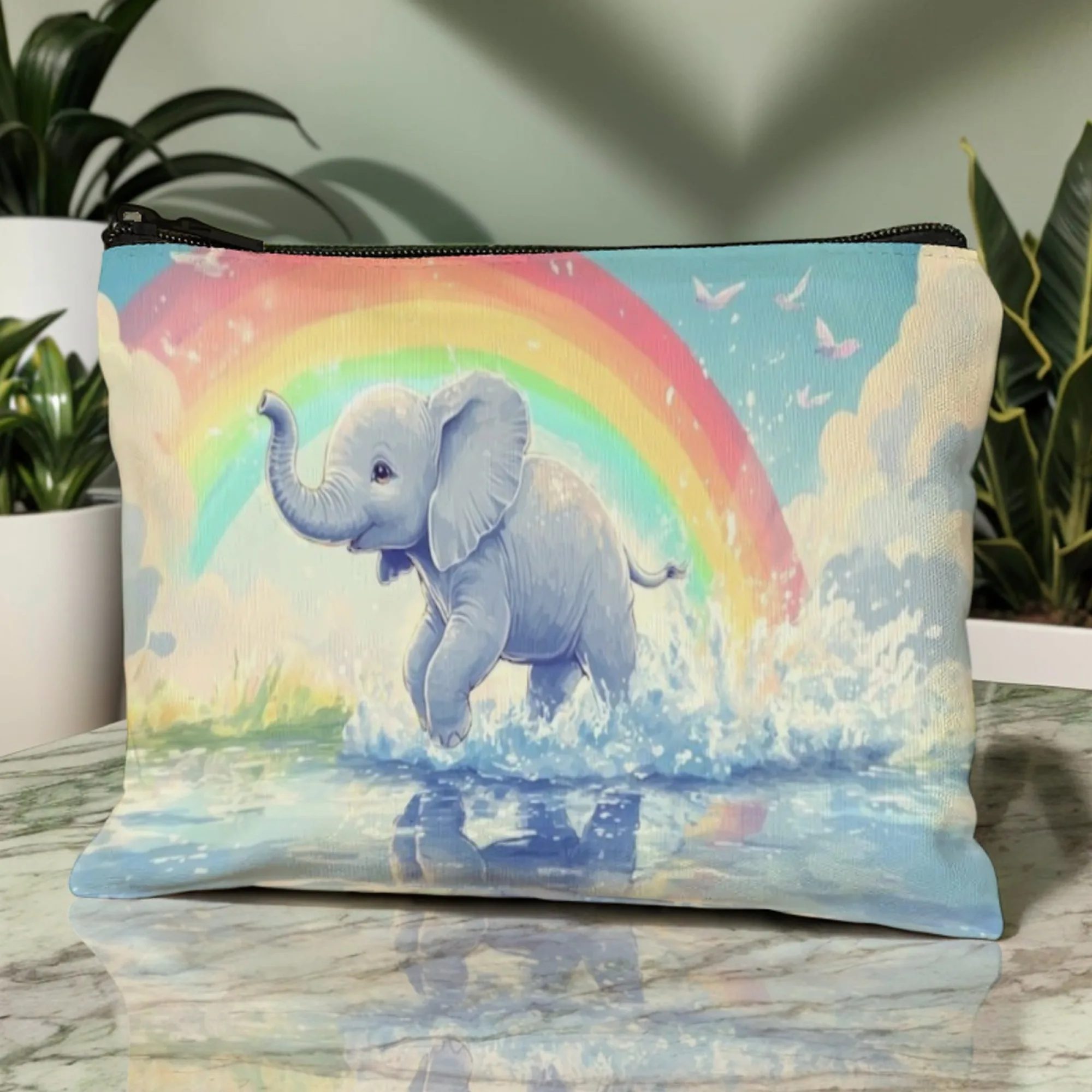 Fresh Cute Zipper Pouch Cosmetic Storage Bag Light Blue Baby Elephant Playing in Water Rainbow Clouds Birds Inner Canvas Pocket