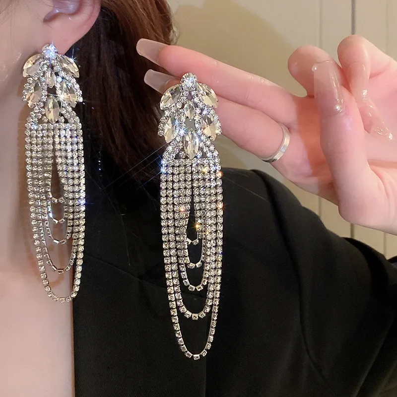 FYUAN Geometric Crystal Earrings Oversize Long Tassel Rhinestone Earrings for Women Luxury Earring Statement Jewelry