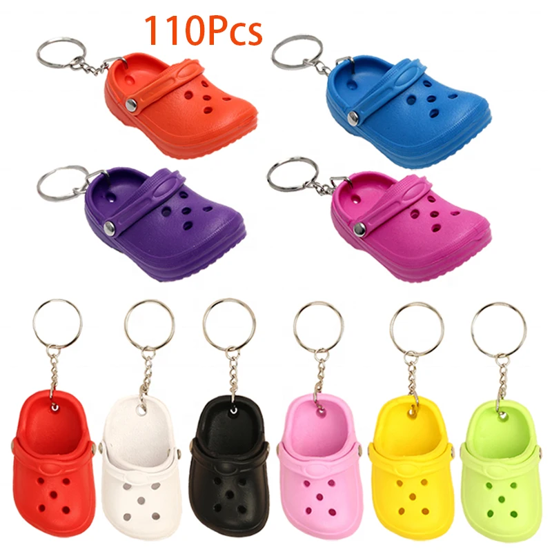 110Pcs 3D Mini Shoe Keychains Plastic Foam Beach Hole Sandal Slipper Keychain Decoration Beach Shoe Keychain 11 Colors to Choose