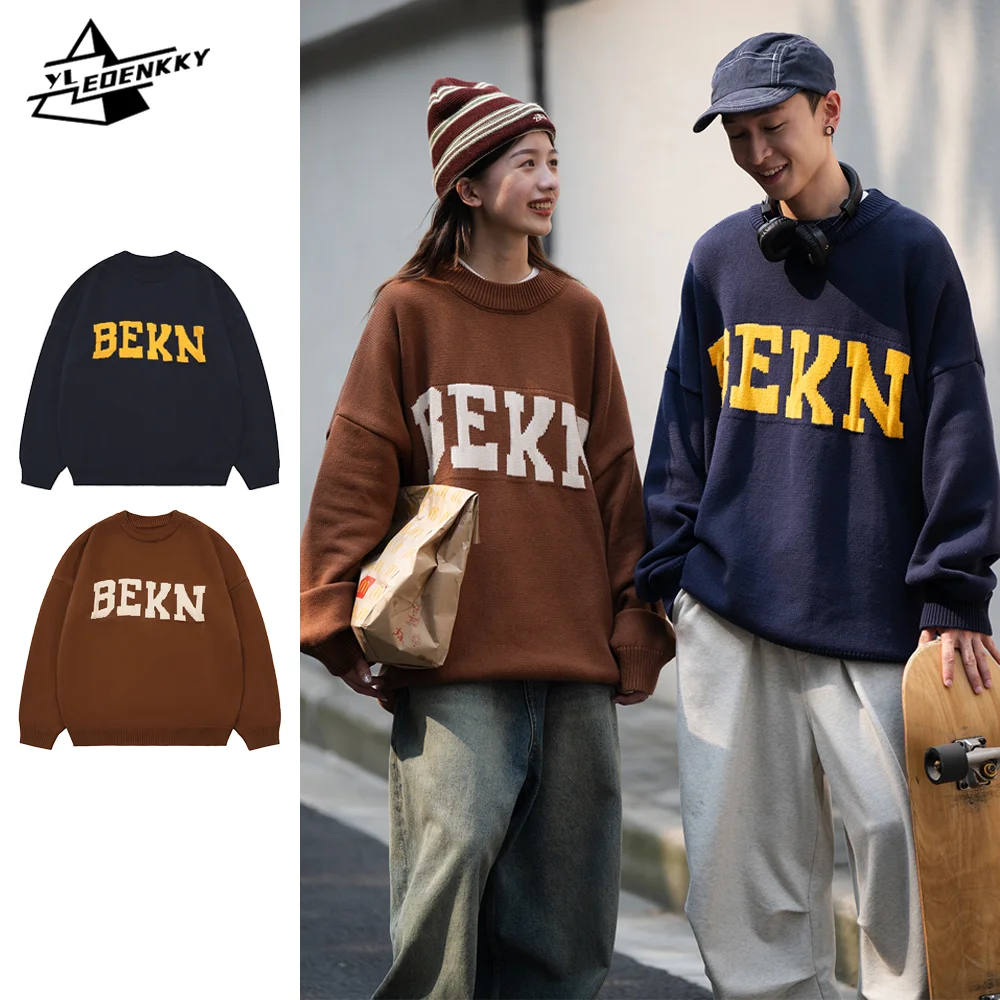 

Autumn Winter Sweaters Men Women Korean Street Loose Knitwears Harajuku Monogram Pattern Jumper Couples Casual Baggy Sweatercoat