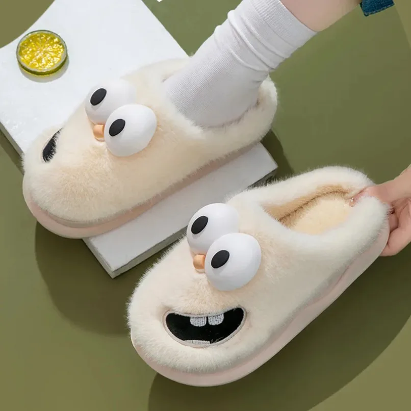 Home Slipper Womens flip flops Big eyes dog Winter Warm Cartoon Kawaii Plush Indoor House Shoes Flat Funny Fuzzy Female slides