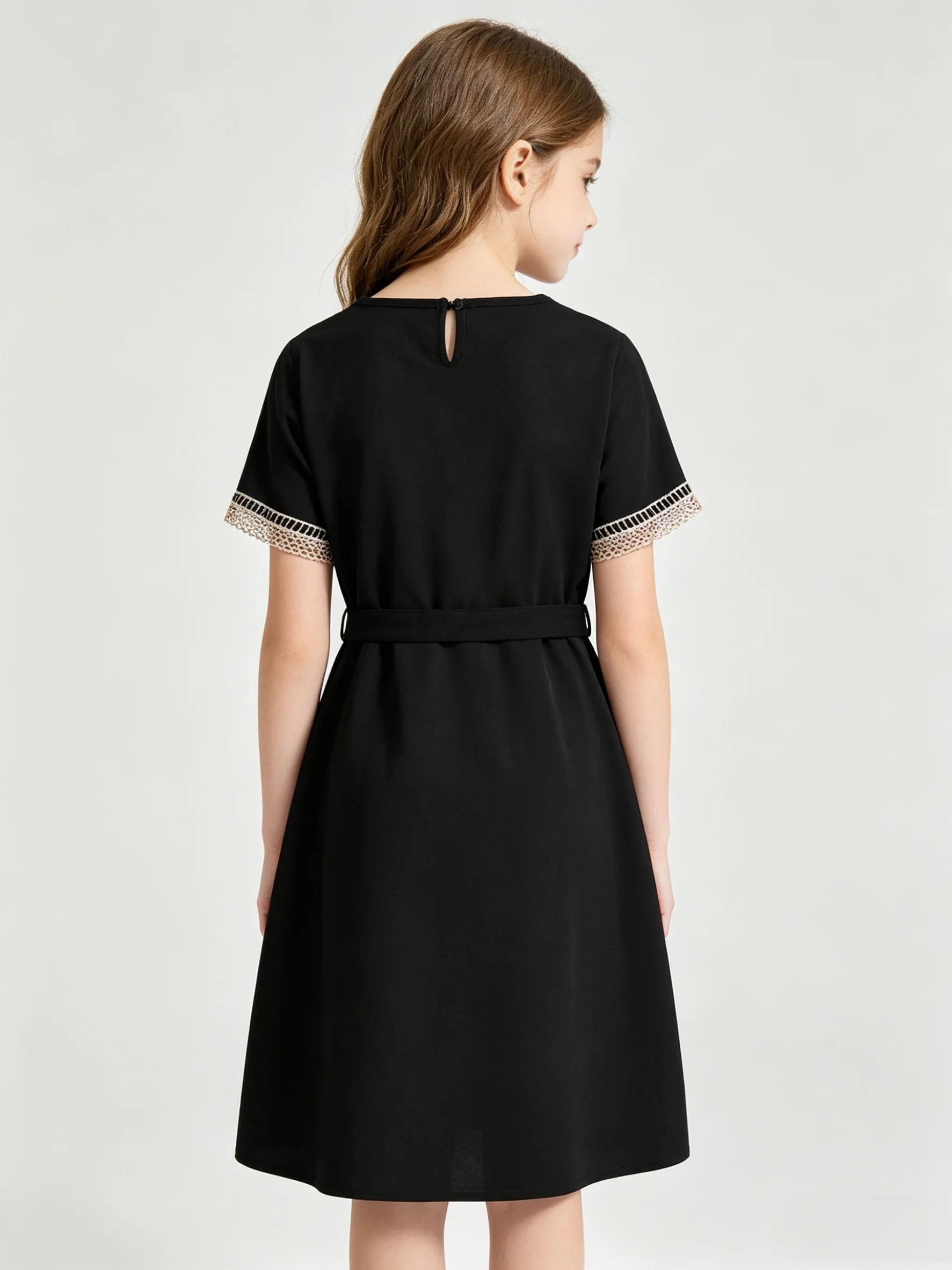 Fashionable Summer Girls' V-Neck Short Sleeved Solid Color Lace Patchwork Skirt Elegant Lady Dress
