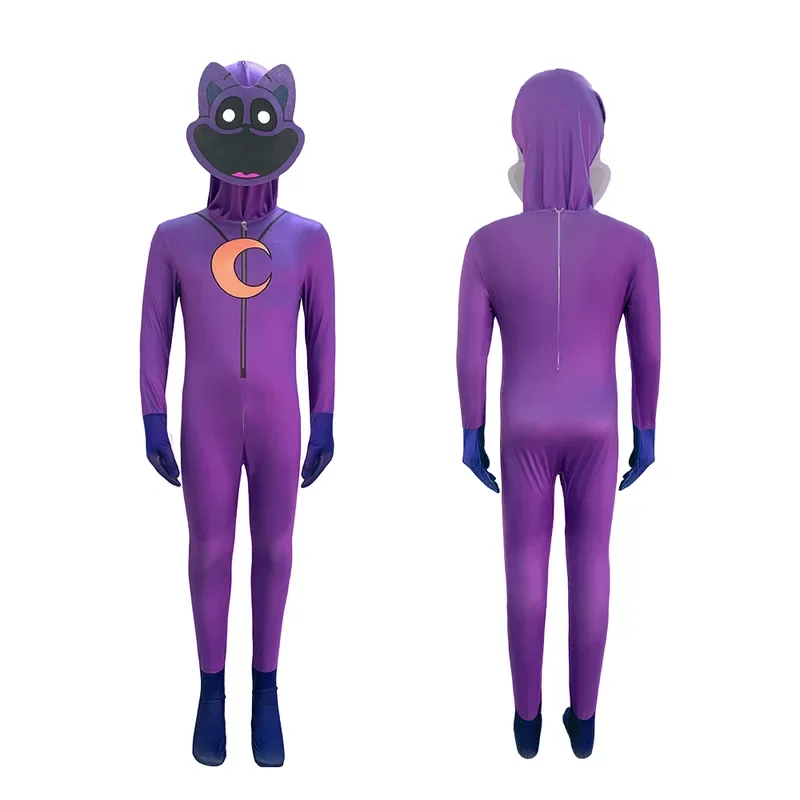 Halloween Cosplay Costume para meninos e meninas, Catnap Bodysuit, Macacão, Bodysuit, Casas sorridente Gato, Traje roxo