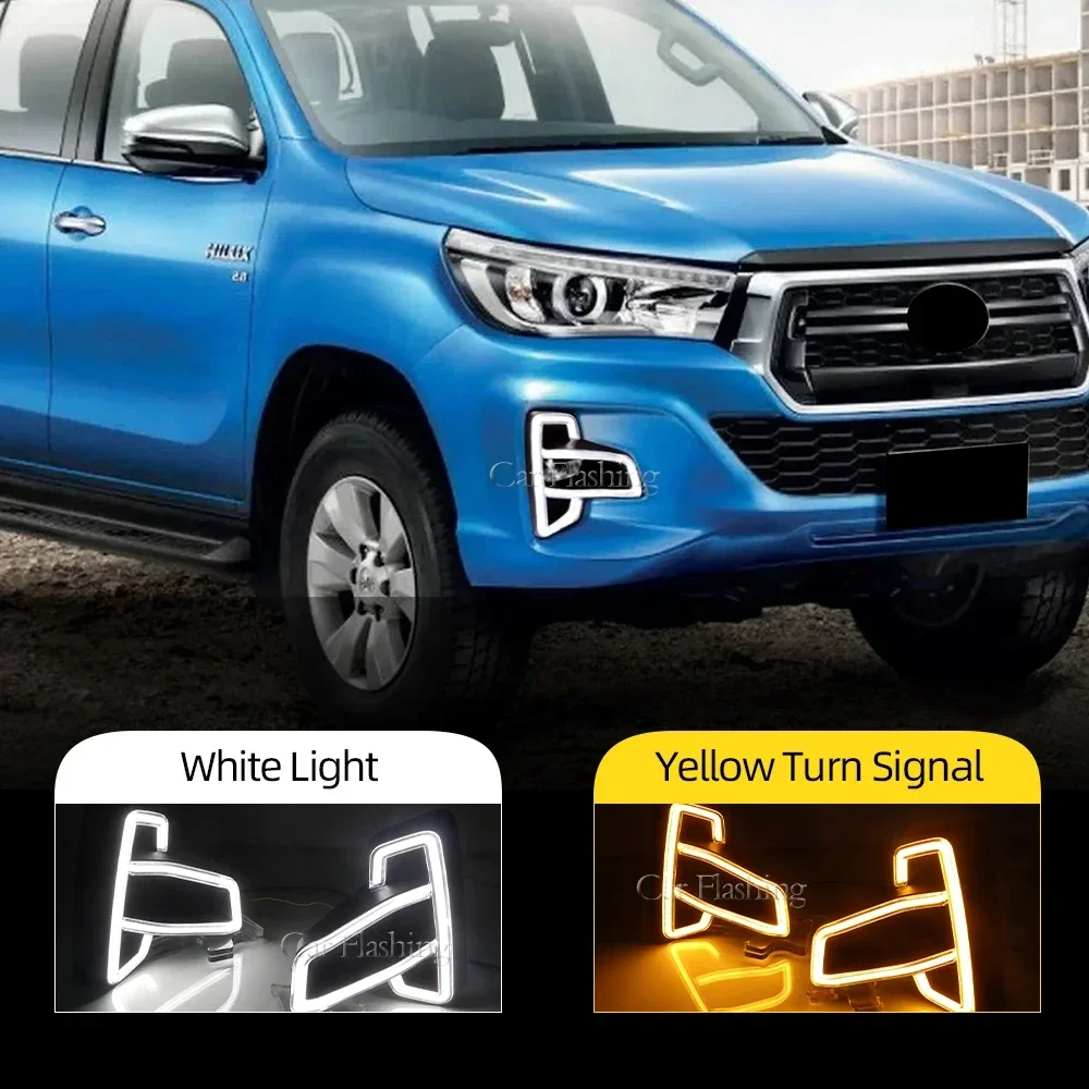 New！ 2PCS LED Daytime Running Light For Toyota Hilux Revo Rocco 2018 2019 2020 with Yellow Turn Signal Car DRL Daylight Fog lamp