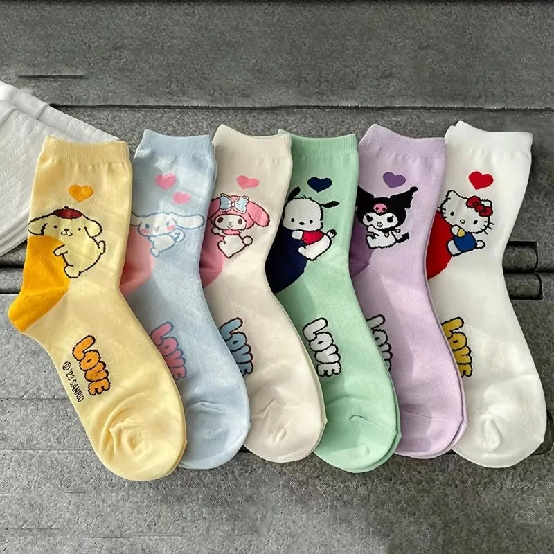 Sanrio-Calcetines de algodón de Hello Kitty para niña, medias de media pantorrilla con dibujos animados, Kuromi Melody, Kawaii, para otoño e invierno, 6 pares