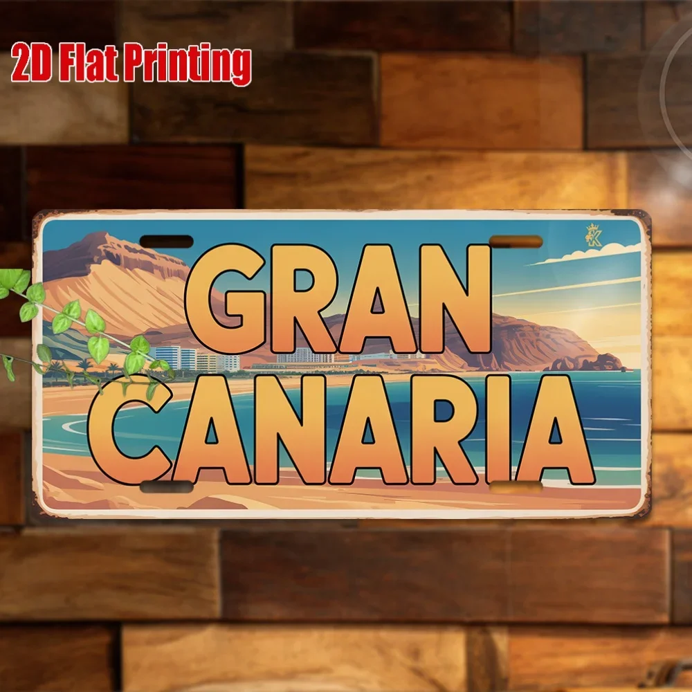 Gran Canaria 2D Flat Metal Sign, Vintage Coastal Beach Iron Painting 15x30cm, Seaside Landscape Wall Plaque for Bar Home Decor