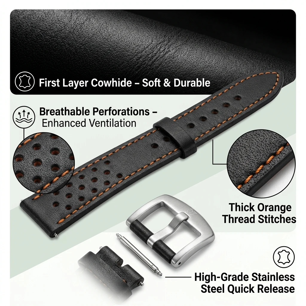 20mm 20CM Business Leather Watch Strap Autumn Wear Top Grain Cowhide Band Quick Release Stainless Steel Pin Buckle Replacement