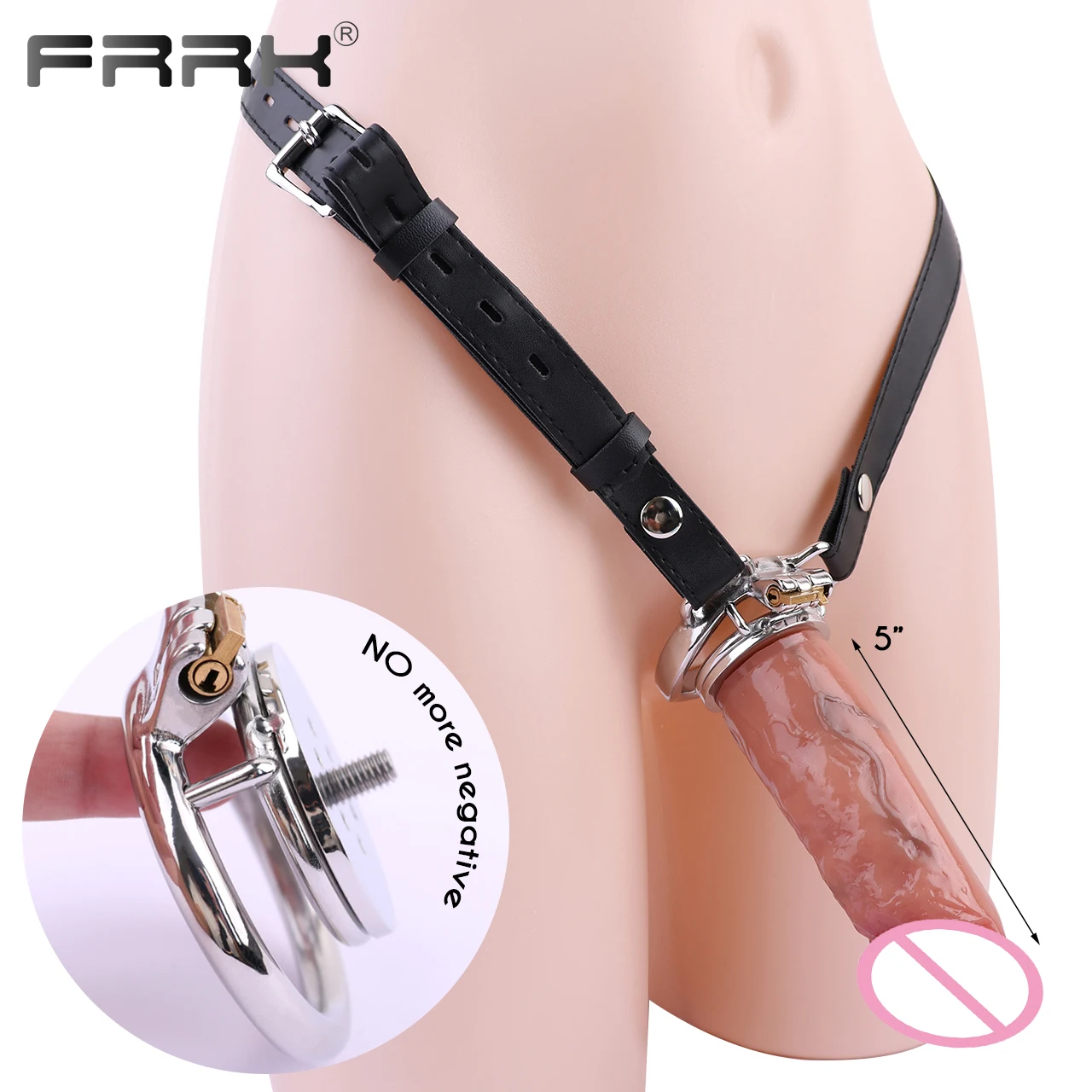 FRRK NOT Negative Flat Gatling Chastity Cage With 5 Inch Removable Dildo for Couple Tight Cock Cage Add on Dildo BDSM Sexual Toy