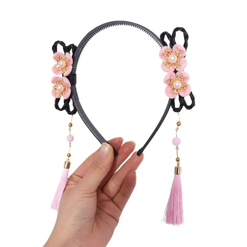 

Traditional Chinese Style Hanfu Wig Headband Pearl Red Flower Tassel Headband Cute Ancient New Year Headwear Children