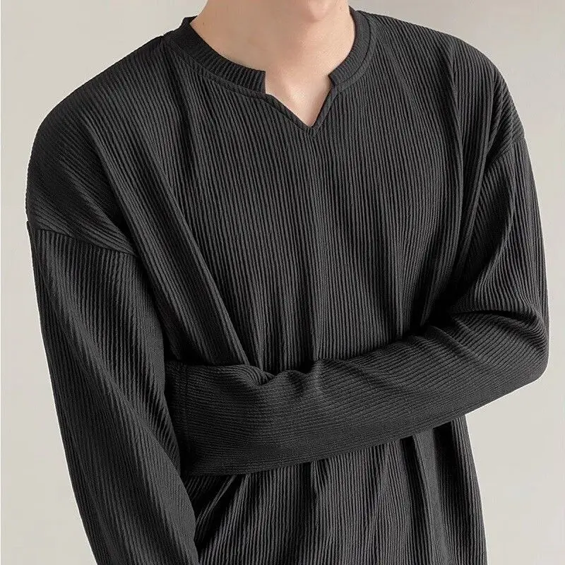 Spring Autumn New V-neck Fashion Long Sleeve T-Shirts Man Solid Color Striped Pullovers High Street Casual Loose Comfortable Top