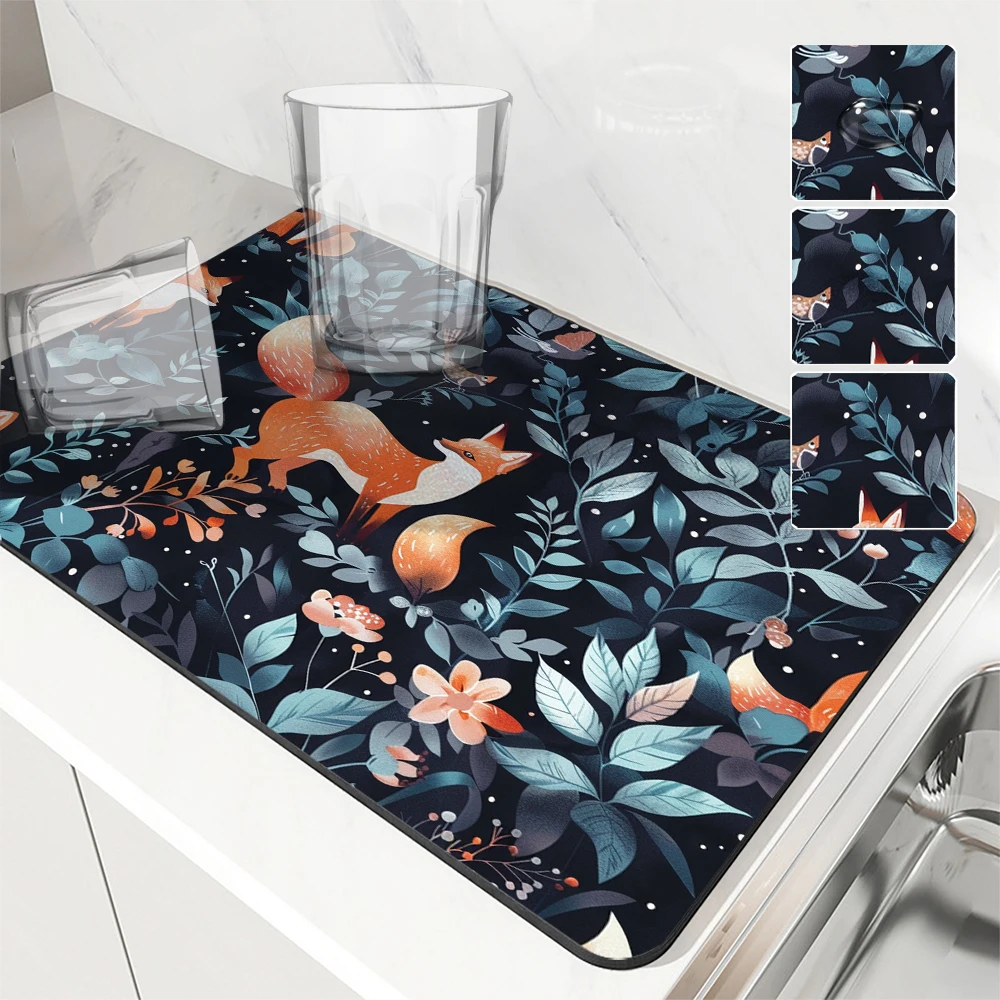 1pc Drying Mat Fox Plant Wildflower Non-Slip Absorbent Mat Tableware Kitchen Counter Drain Mats Placemats for Table