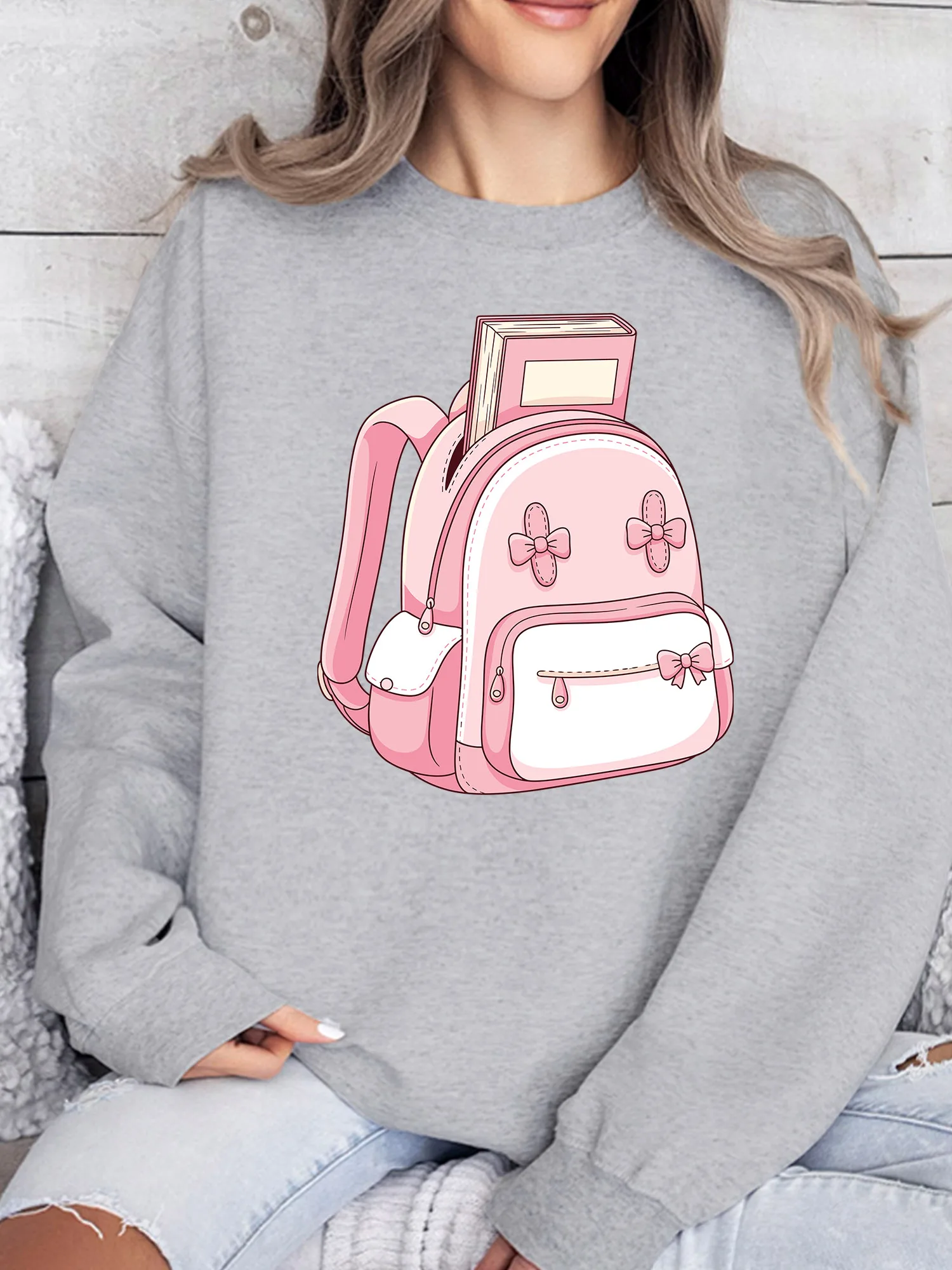 

Book and Bag Women's Crew Neck Sweatshirt Casual Long Sleeve Pullover Loose Fit Fashionable Streetwear