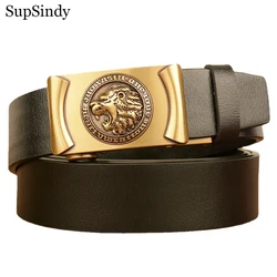 SupSindy Men Genuine Leather Belt Luxury Gold Lion Metal Automatic Buckle Cowhide Belts for Men Jeans Waistband Male Strap Black