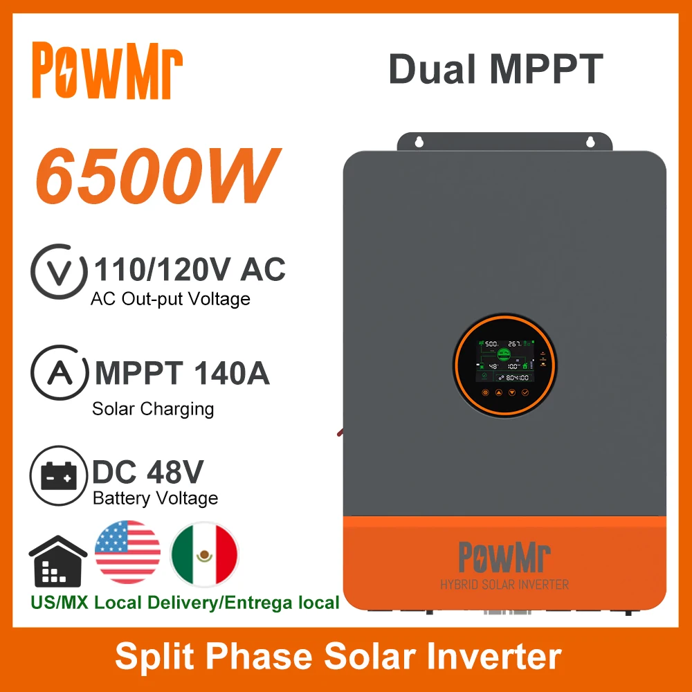 6.5KW Split Phase Hybrid Inverter 48V DC To 120/240 VAC Dual MPPT With 140A Solar Charger Support Parallel RS485 USB CAN LifePo4