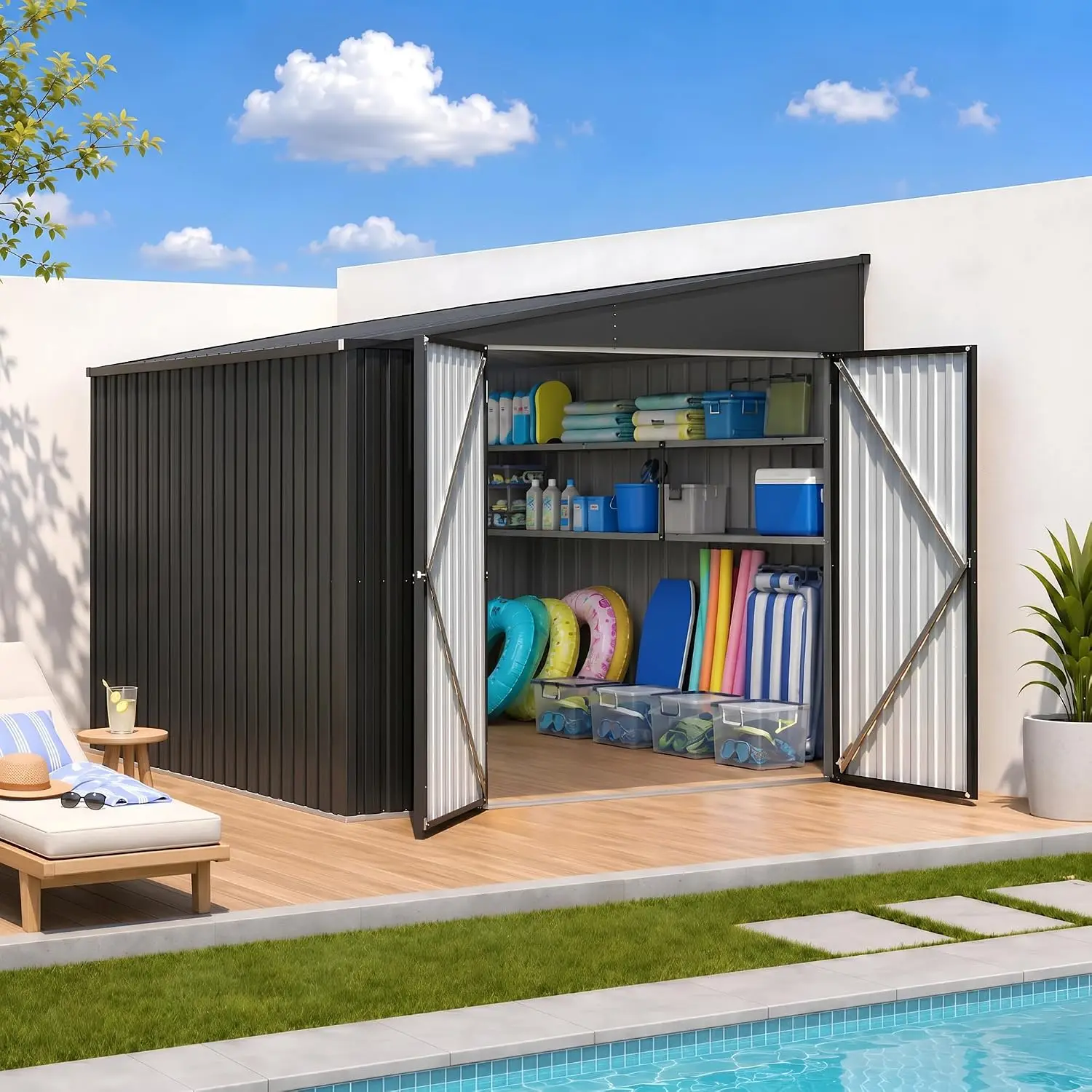 Outdoor Storage Shed Metal Sloping Roof Lockable Door Waterproof Tool Shed Patio Backyard 8x10 FT, Customized