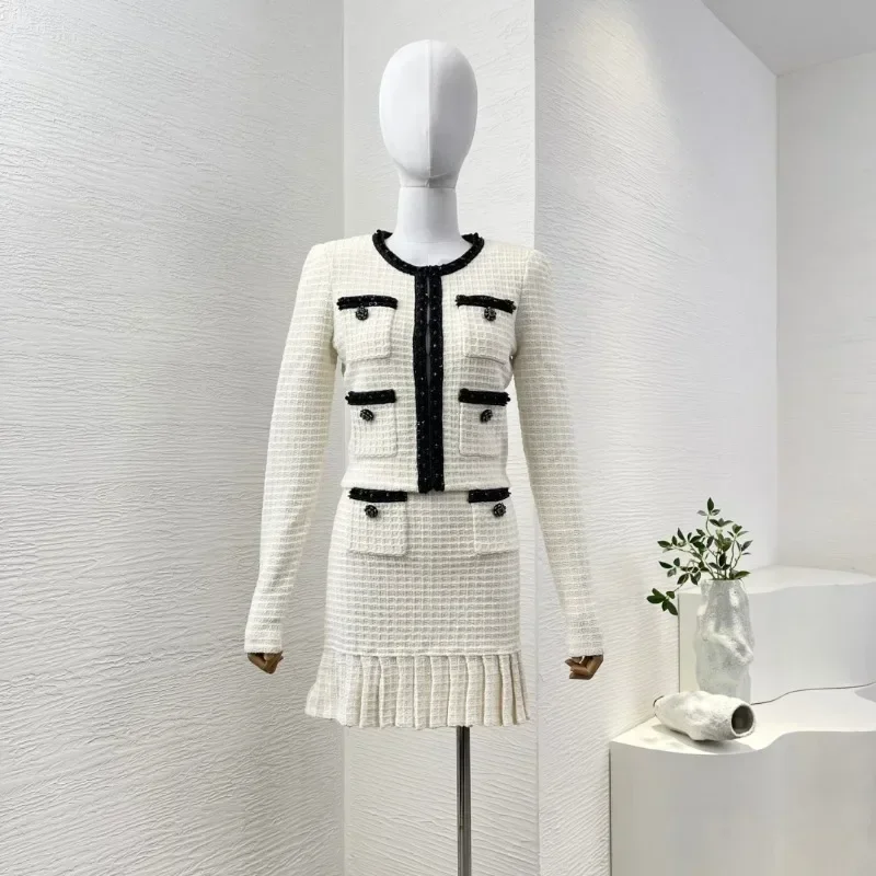 Women's White Long Sleeve Elegant High Quality Tweed Jacket Tops and Ruffles Pleat Skirt Sets 2025 for Office Laidies