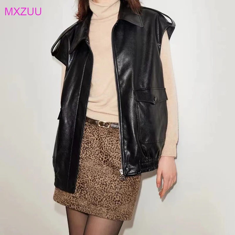 Fashion Leather Vest Women Spring Autumn Imported Oilwax Semi-Vegetated Sheepskin Pocket Casual Loose Sleeveless Jackets Gilet