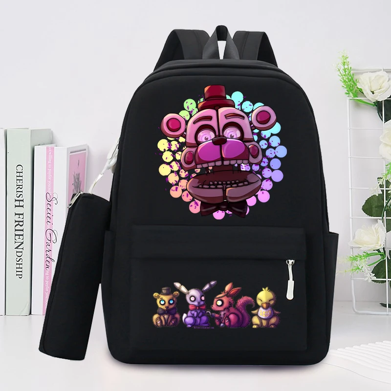 حقائب ظهر FNAF ذات سعة كبيرة مع مقلمة للطلاب خمس ليالًا في حقيبة مدرسية فريدي للأولاد والبنات وحقيبة تخزين الكتب المكتبية
