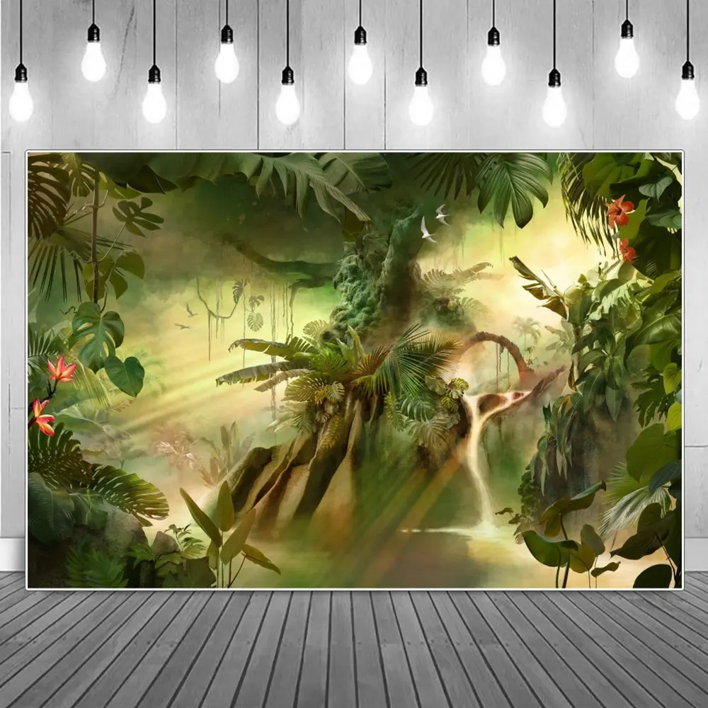 Fondos de fotografía de selva Tropical, Bosque, árboles, hojas, cascada, decoración personalizada para fiesta de bebé, estudio de fotomatón
