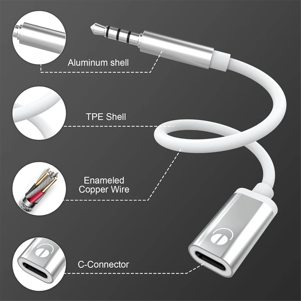 N88R 3,5 mm mâle vers type C femelle câble audio, prise audio analogique adaptateur audio casque pour lecteur MP3, ordinateur portable, tablette C