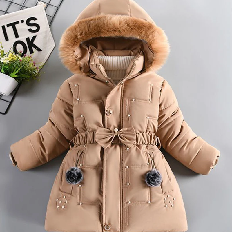 4-12 Years Winter Girls Jacket Fur Collar Warm Princess Coat Hooded Zipper Windproof Kids Outerwear Birthday Gift Parka Snowsuit