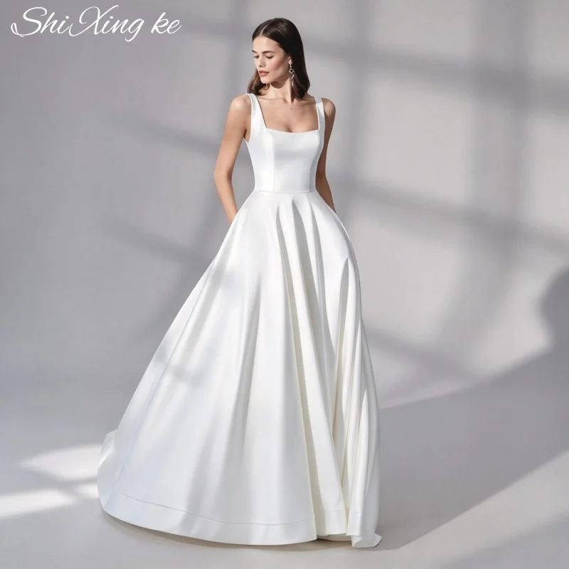 Square Neck Satin Wedding Dress A-line Backless Button Floor Length Vestidos De Novia Customized