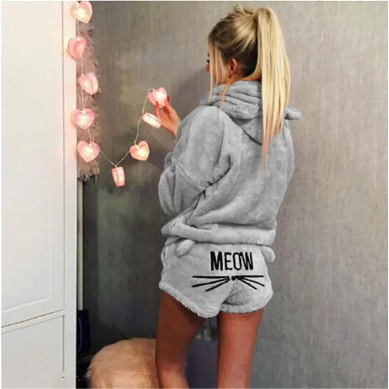 Women Coral Velvet Pajamas Set Autumn Winter Warm Pajamas Two Piece Set Sleepwear Cute Cat Meow Pattern Hoodies Shorts Set