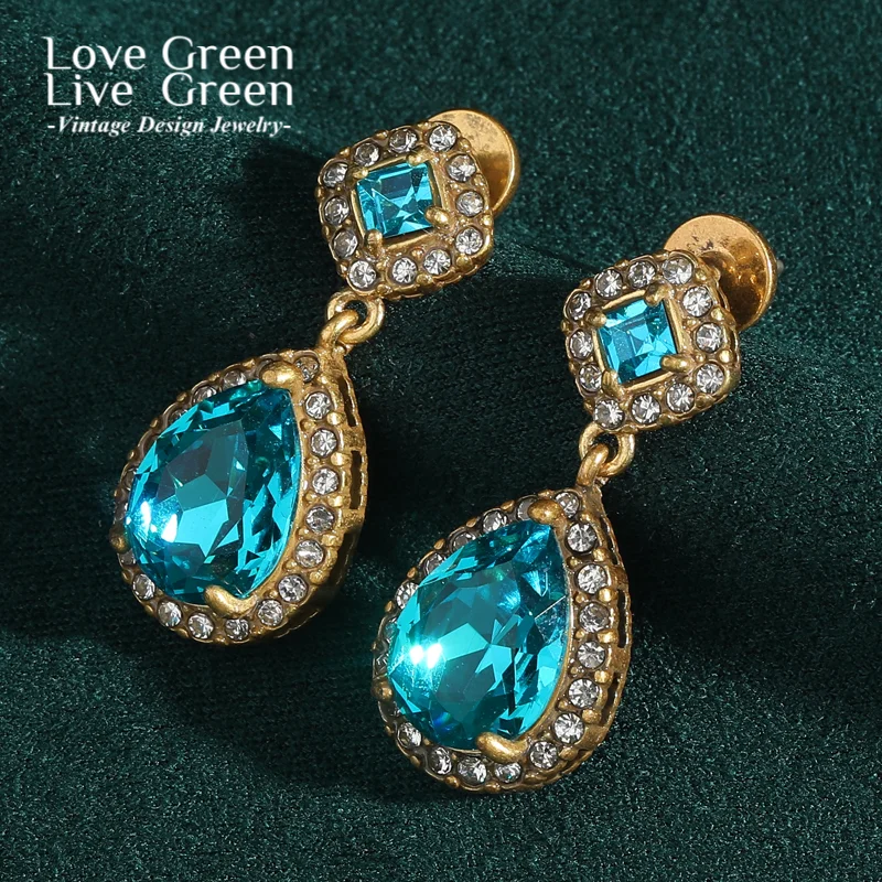 

Vintage Blue Crystal Drop Earring For Women 2025 Gold Color Rhinestone Luxury Jewelry Designer Charms Fashion Wedding Christmas