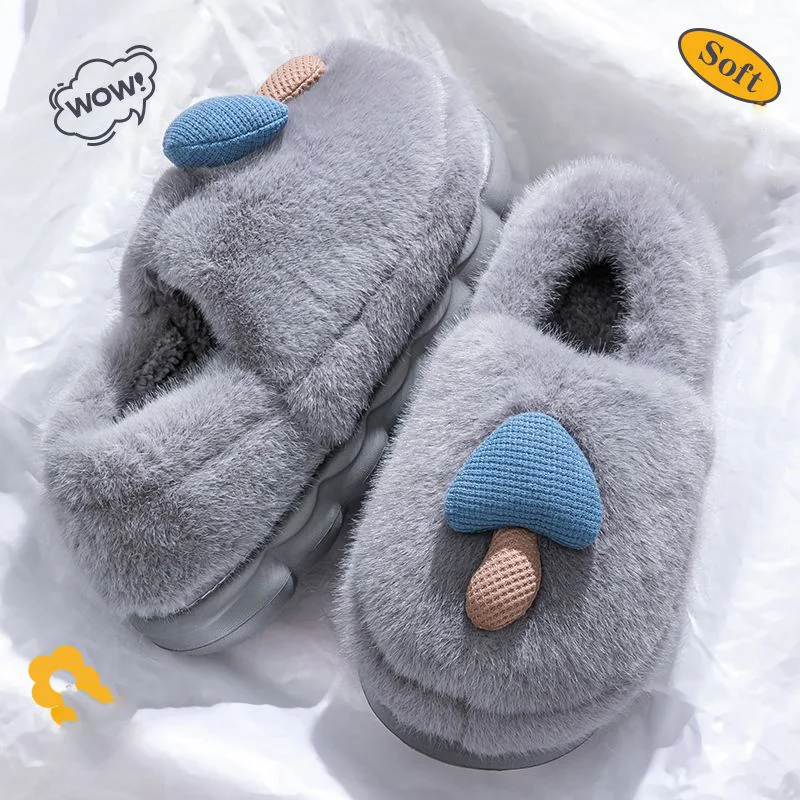 

Cartoon Mushroom Fluffy Slippers Women Bag Heel Warm Indoor Cotton Shoes Woman Soft Faux Fur Thick Sole House Shoes Mujer