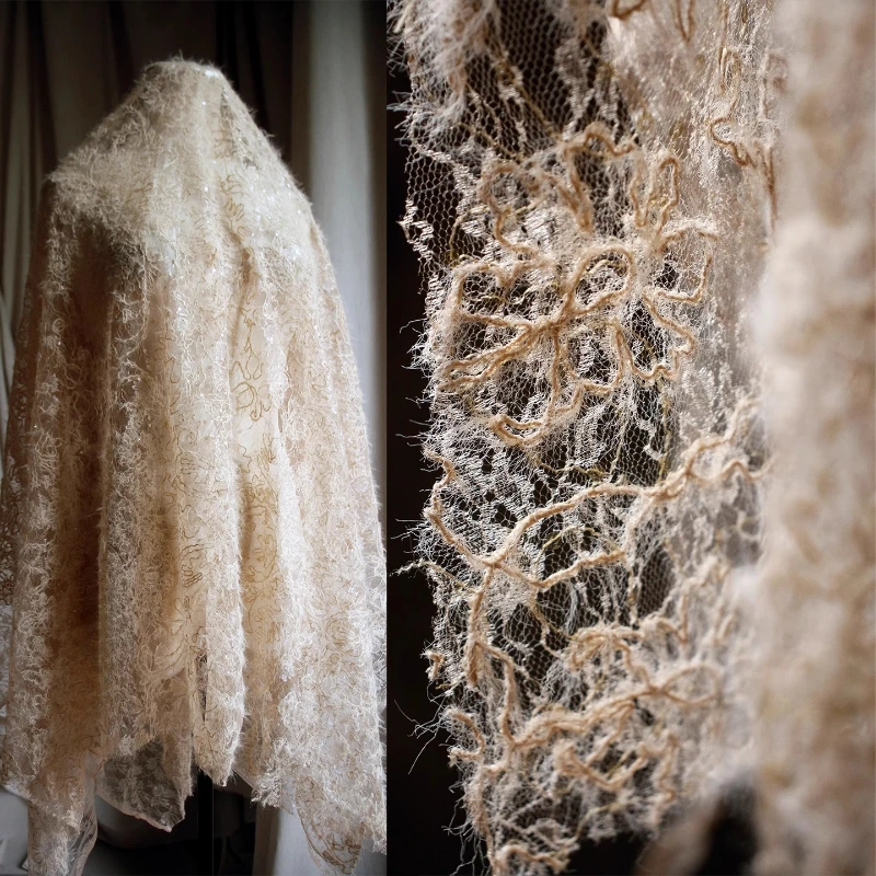 Hemp Rope Embroidery Plush Sheer Lace Textured Sequin Tulle Fabric Brown Dress Couture Designer Soft Drapable Fashion Fabric