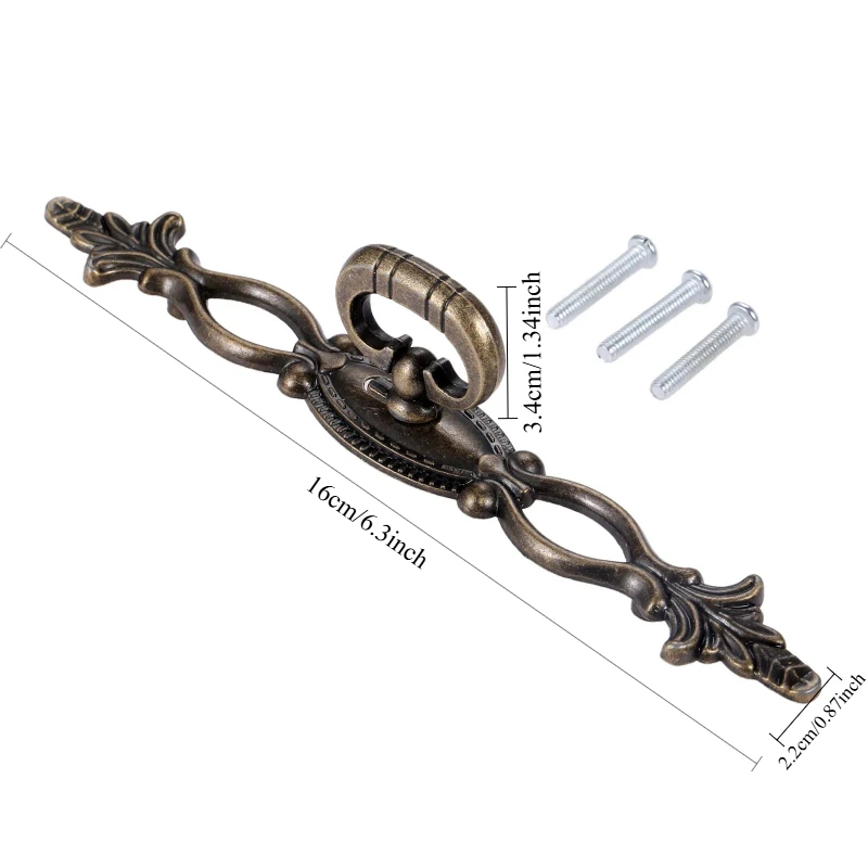 3 X Antique Style Handle Drawer Wardrobe Door Handle Wooden Box Handles With 9 Screws, Zinc Alloy, Bronze Tone
