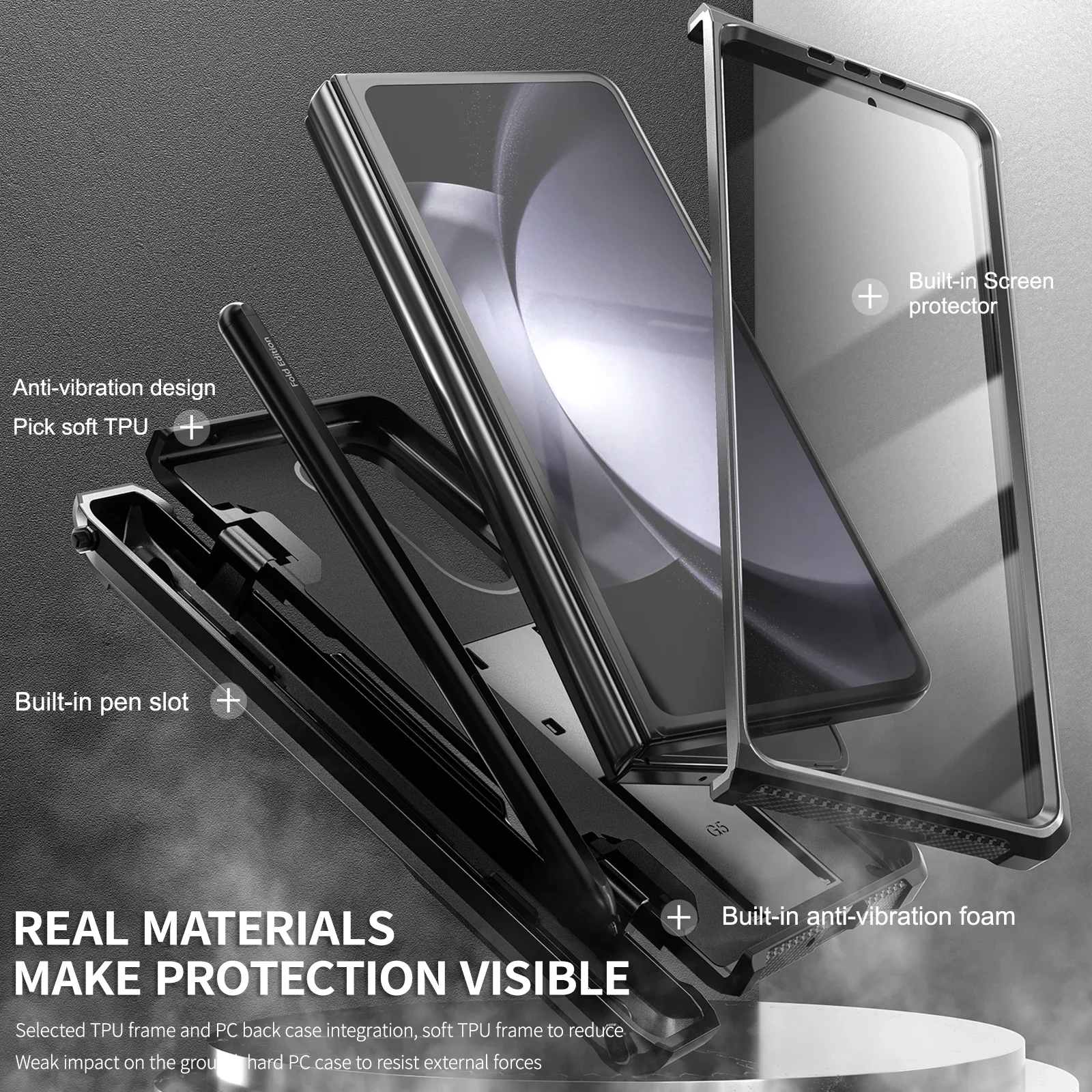 Hard Armour Shockproof Cover For Samsung Galaxy Z Fold 5 Case with Hinge Protection S Pen Slot Kickstand Screen Protector